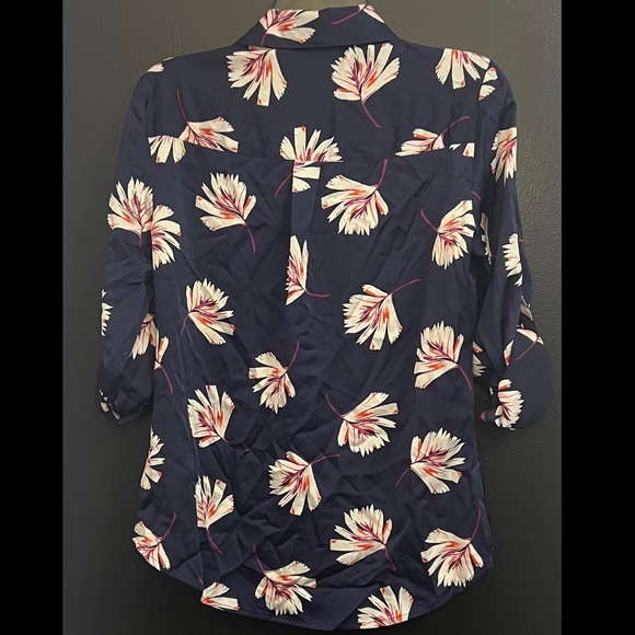 EXPRESS Portofino Navy Floral Satin Button-Up Shirt - Picture 2 of 4